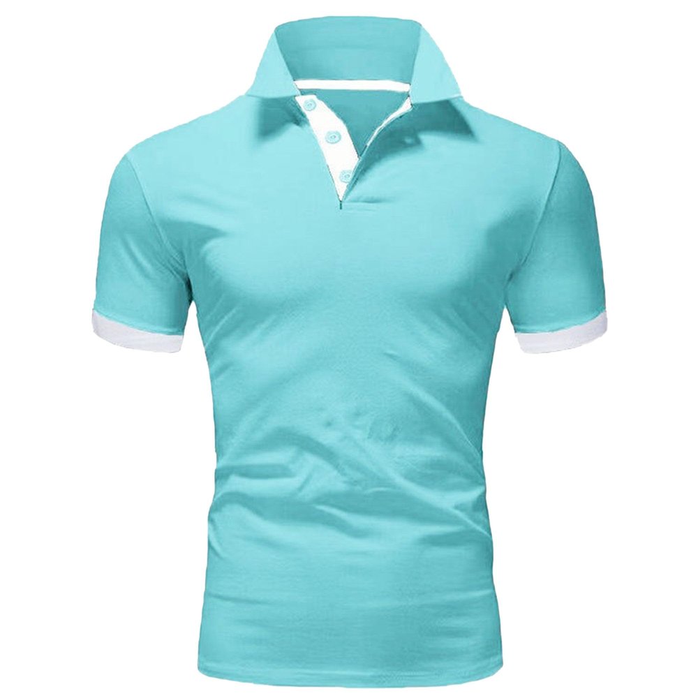 JEKE-DG Men's Slim Fit Color Matching Polo Shirt Lightweight Soft Golf Lapel T Shirt Casual Solid Short Sleeve T-Shirts (Cyan,M)