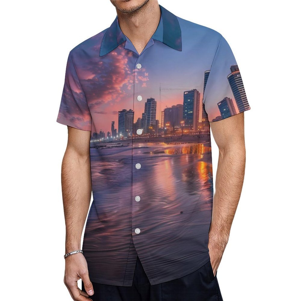 Sunset Over Tel Aviv Beach Israel Men's Hawaiian Shirt Short-Sleeve Button Down Shirt Tops for Casual Beach Vacation XS