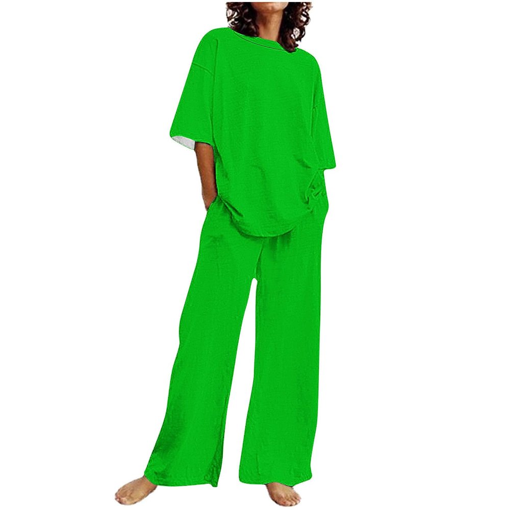 NaRHbrg Lounge Sets for Women 2 Piece Outfits Short Sleeve Pullover Top and Wide Leg Pants Matching Loungewear Sets Tracksuit