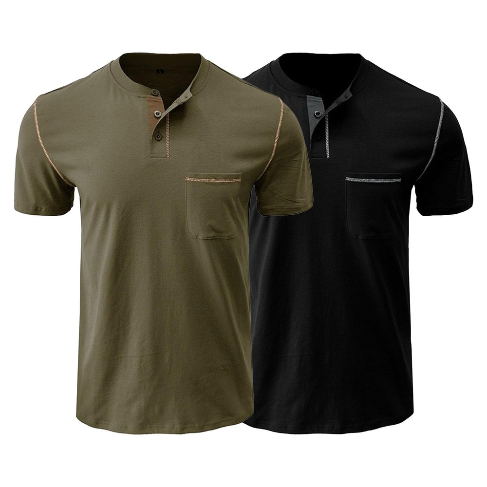Men's Crew Neck Casual Pocket T-Shirt Button Front Lightweight Tees Classic Soft Short Sleeve Multipack T-Shirts (Army Green/Black,M)