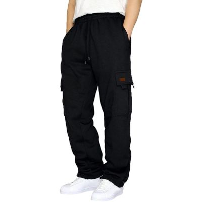 Mens Heavyweight Fleece Cargo Sweatpants Joggers Baggy Elastic Waist Drawstring Workout Pants with Pockets Winter A- Black