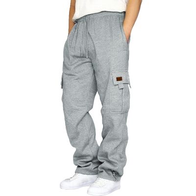 Mens Heavyweight Fleece Cargo Sweatpants Joggers Baggy Elastic Waist Drawstring Workout Pants with Pockets Winter A- Grey