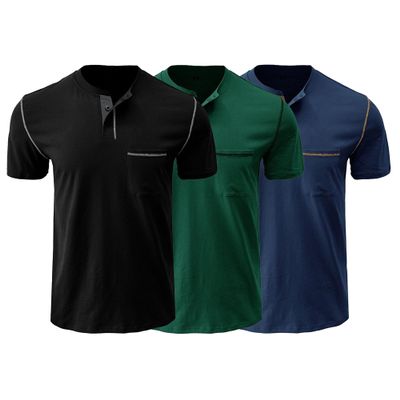 Men's Crew Neck Casual Pocket T-Shirt Button Front Lightweight Tees Classic Soft Short Sleeve Multipack T-Shirts (Black/Green2/Blue1,M)