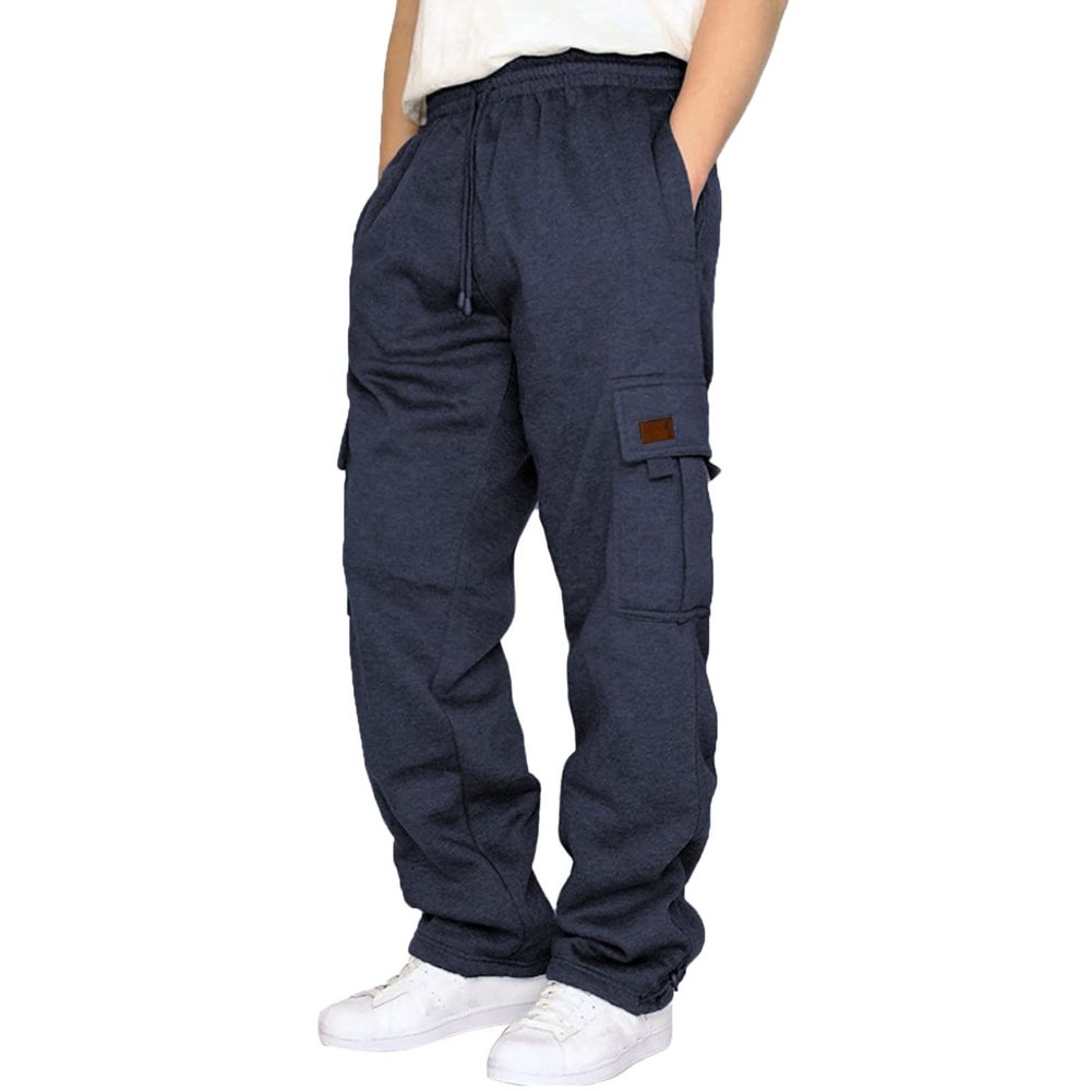 Mens Heavyweight Fleece Cargo Sweatpants Joggers Baggy Elastic Waist Drawstring Workout Pants with Pockets Winter A- Navy