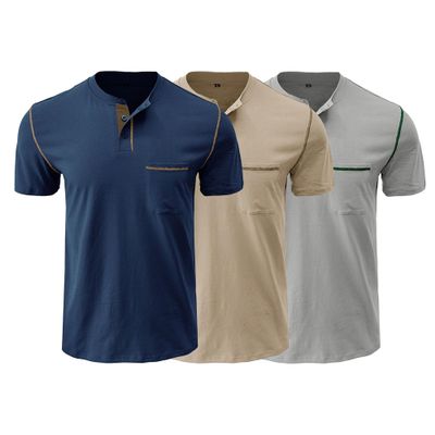 Men's Crew Neck Casual Pocket T-Shirt Button Front Lightweight Tees Classic Soft Short Sleeve Multipack T-Shirts (Blue1/Khaki/Grey1,XL)