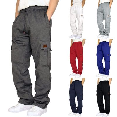 Mens Heavyweight Fleece Cargo Sweatpants Joggers Baggy Elastic Waist Drawstring Workout Pants with Pockets Winter