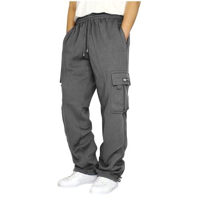 Mens Heavyweight Fleece Cargo Sweatpants Joggers Baggy Elastic Waist Drawstring Workout Pants with Pockets Winter B- Grey