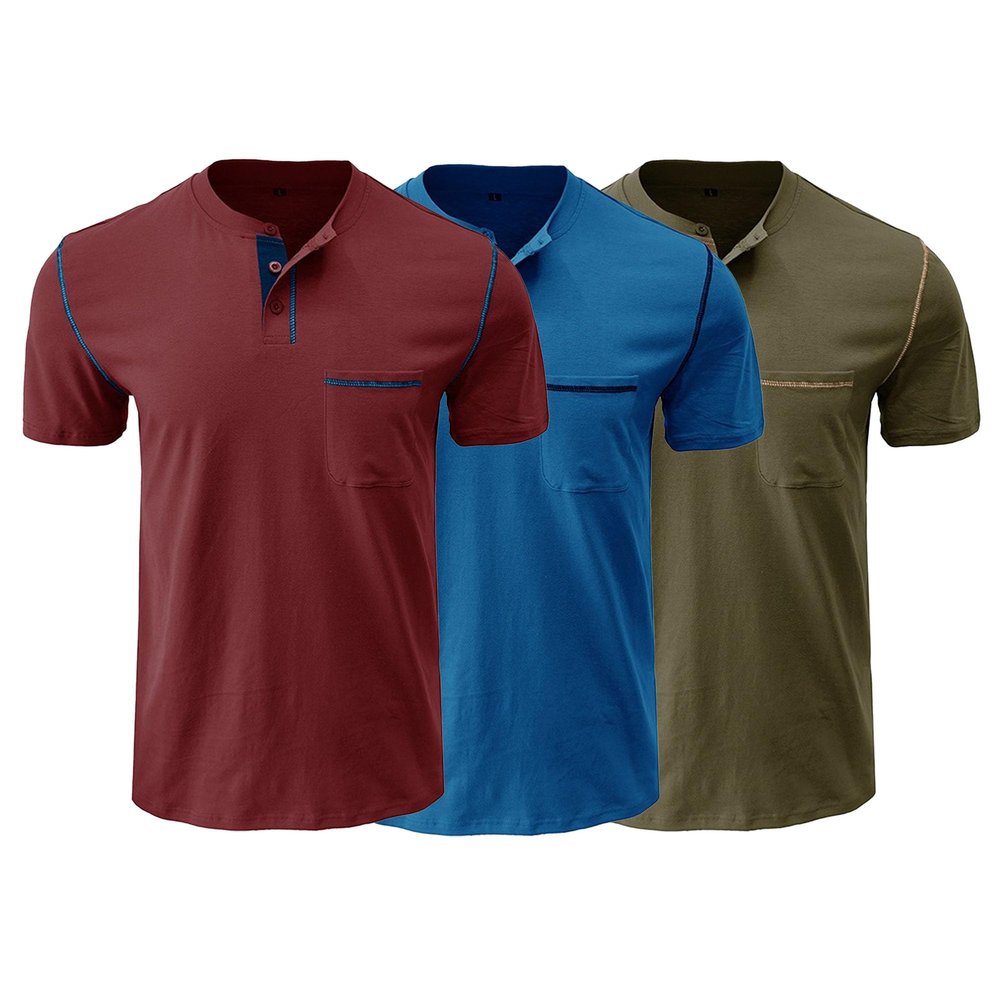 Men's Crew Neck Casual Pocket T-Shirt Button Front Lightweight Tees Classic Soft Short Sleeve Multipack T-Shirts (Red/Blue/Green3,M)