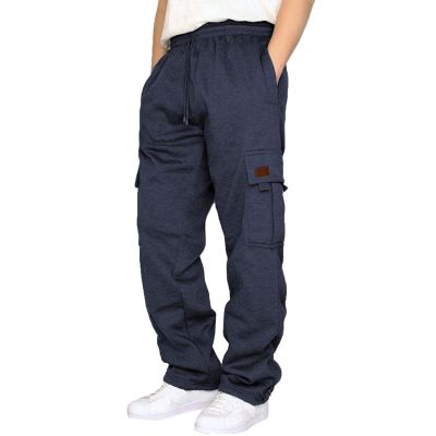 Mens Heavyweight Fleece Cargo Sweatpants Joggers Baggy Elastic Waist Drawstring Workout Pants with Pockets Winter A- Navy
