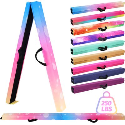 FC FUNCHEER 6FT/9FT Folding Balance Beam for Kids- Gymnastics Foam Floor Beam,Anti-Slip Bottom with Carrying Bag, Faux Suede Covered,Gymnastics Equipment for Home (Faux Suede, Colorful Rainbow, 9FT)
