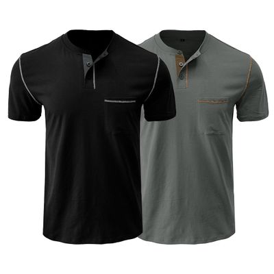 Men's Crew Neck Casual Pocket T-Shirt Button Front Lightweight Tees Classic Soft Short Sleeve Multipack T-Shirts (Black/Dark Grey,3XL)