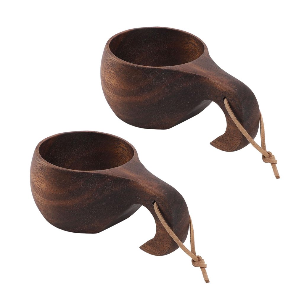 HOHXFYP 2Pcs Wooden Cup,8oz Solid Wood Camping Mug with Handles and Lanyard, Traditional Nordic Coffee Mug Hiking Cup Camping Bowl for Hot Drinks, Tea