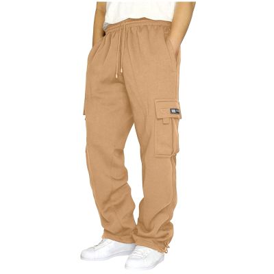 Mens Heavyweight Fleece Cargo Sweatpants Joggers Baggy Elastic Waist Drawstring Workout Pants with Pockets Winter B- Khaki