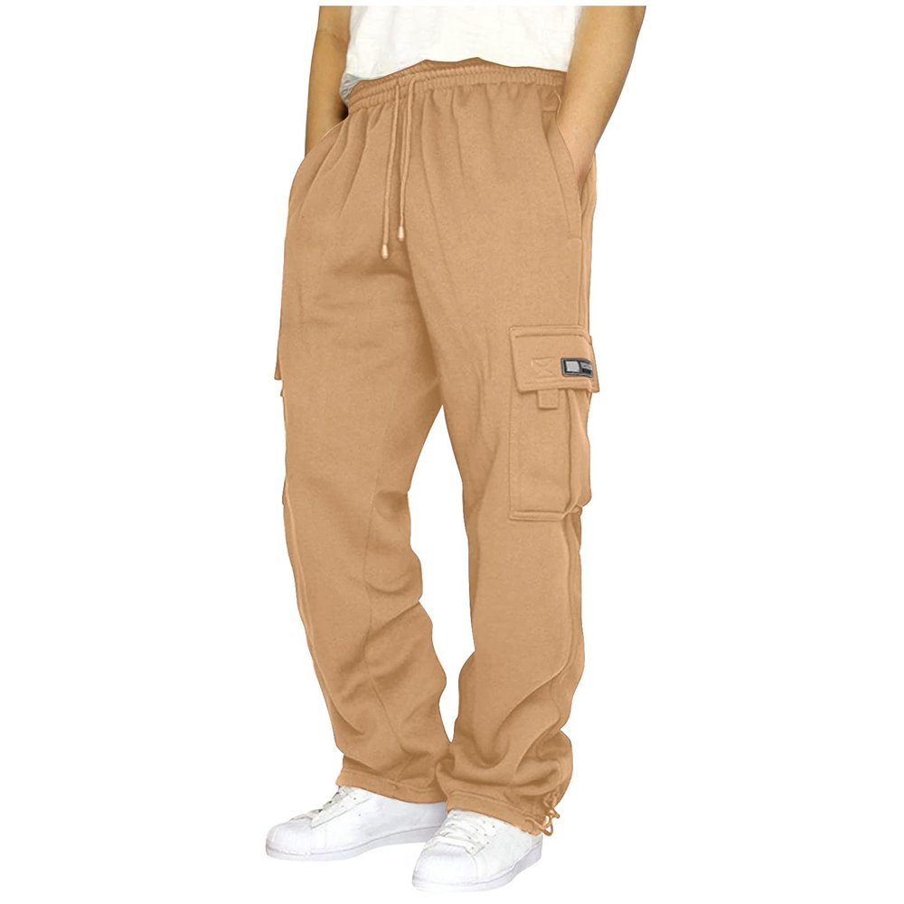 Mens Heavyweight Fleece Cargo Sweatpants Joggers Baggy Elastic Waist Drawstring Workout Pants with Pockets Winter B- Khaki