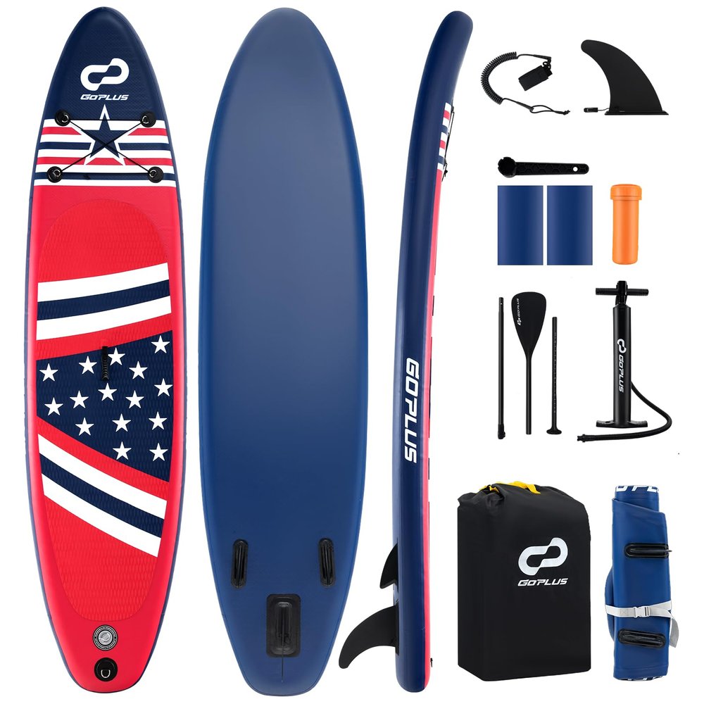 Goplus Inflatable Stand Up Paddle Board, 10FT/10.5FT/11FT SUP with Accessory Pack, Adjustable Paddle, Carry Bag, Fin, Hand Pump, Leash, Repair Kit (Stars & Stripes Type2, 10 FT)