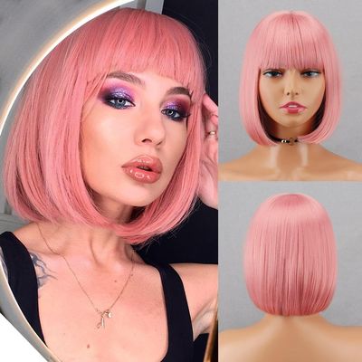 yumtaro Pink Wigs for Women Short Synthetic Bob Wig with Bangs Glueless Shoulder Length Apple Cut Colorful Cosplay Wig for Girls Daily Party and Halloween Costume Use