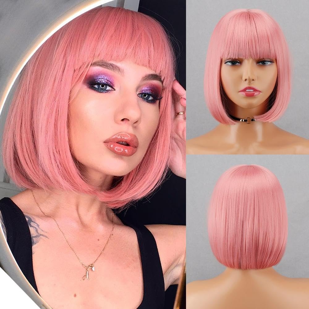 yumtaro Pink Wigs for Women Short Synthetic Bob Wig with Bangs Glueless Shoulder Length Apple Cut Colorful Cosplay Wig for Girls Daily Party and Halloween Costume Use