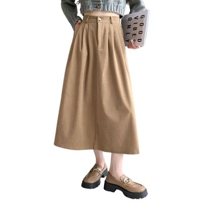 chouyatou Women's Vintage Corduroy A Line Skirt High Elastic Waist Pleated Swing Midi Long Skirt with Pockets (Large, Khaki)