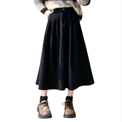 chouyatou Women's Vintage Corduroy A Line Skirt High Elastic Waist Pleated Swing Midi Long Skirt with Pockets (Medium, Black)