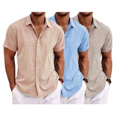 QOAAIE 3 Pack Men's Short Sleeve Linen Shirts Casual Button Down Collar Shirt Summer Beach Hawaiian Vacation Shirts (Khaki/Blue/Apricot2,XL)