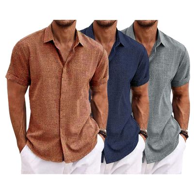 QOAAIE 3 Pack Men's Short Sleeve Linen Shirts Casual Button Down Collar Shirt Summer Beach Hawaiian Vacation Shirts (Brown/D-Blue/Grey2,L)