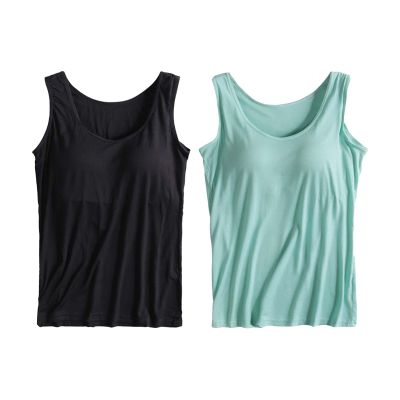 ,2 Pack Tank Tops for Women 2024 Cami Built in Bras Plus Size Shelf Bra Shirt Yoga Athleic Layering Undershirt,Bk2,Small