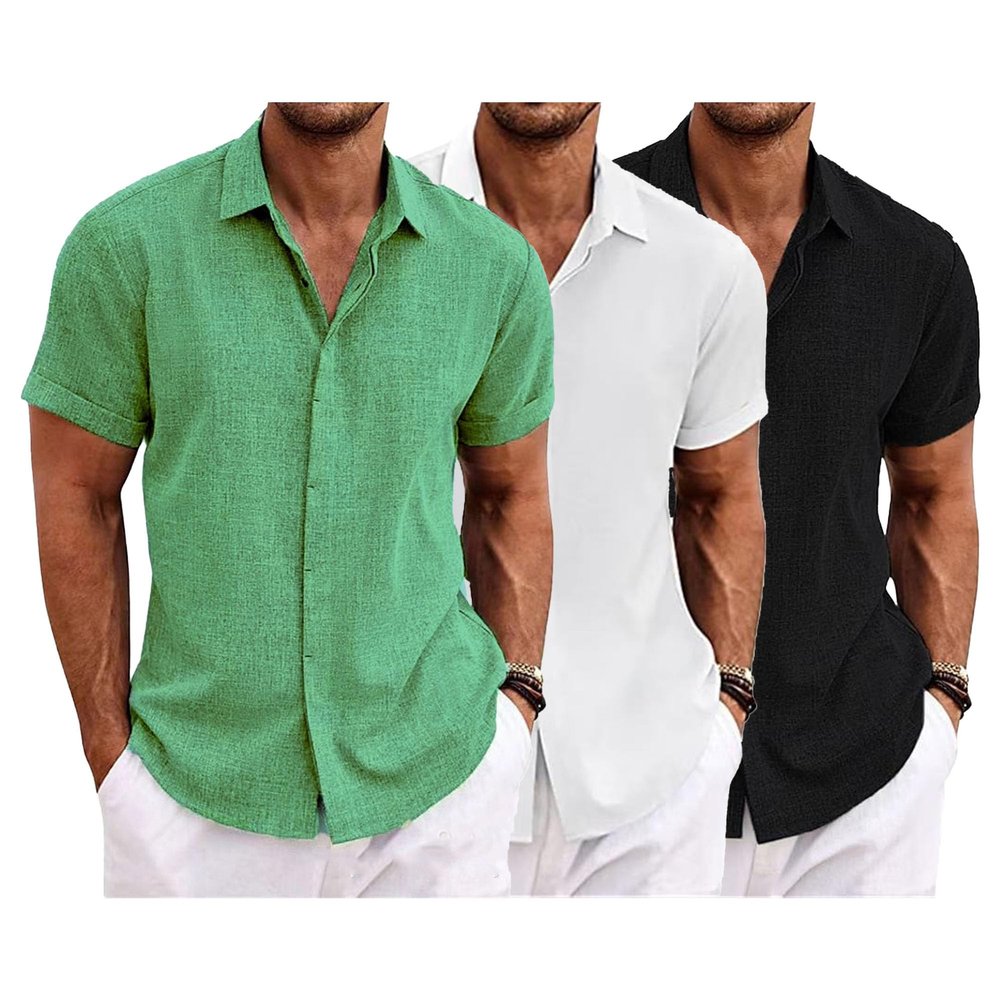 QOAAIE 3 Pack Men's Short Sleeve Linen Shirts Casual Button Down Collar Shirt Summer Beach Hawaiian Vacation Shirts (Green1/White/Black,XL)