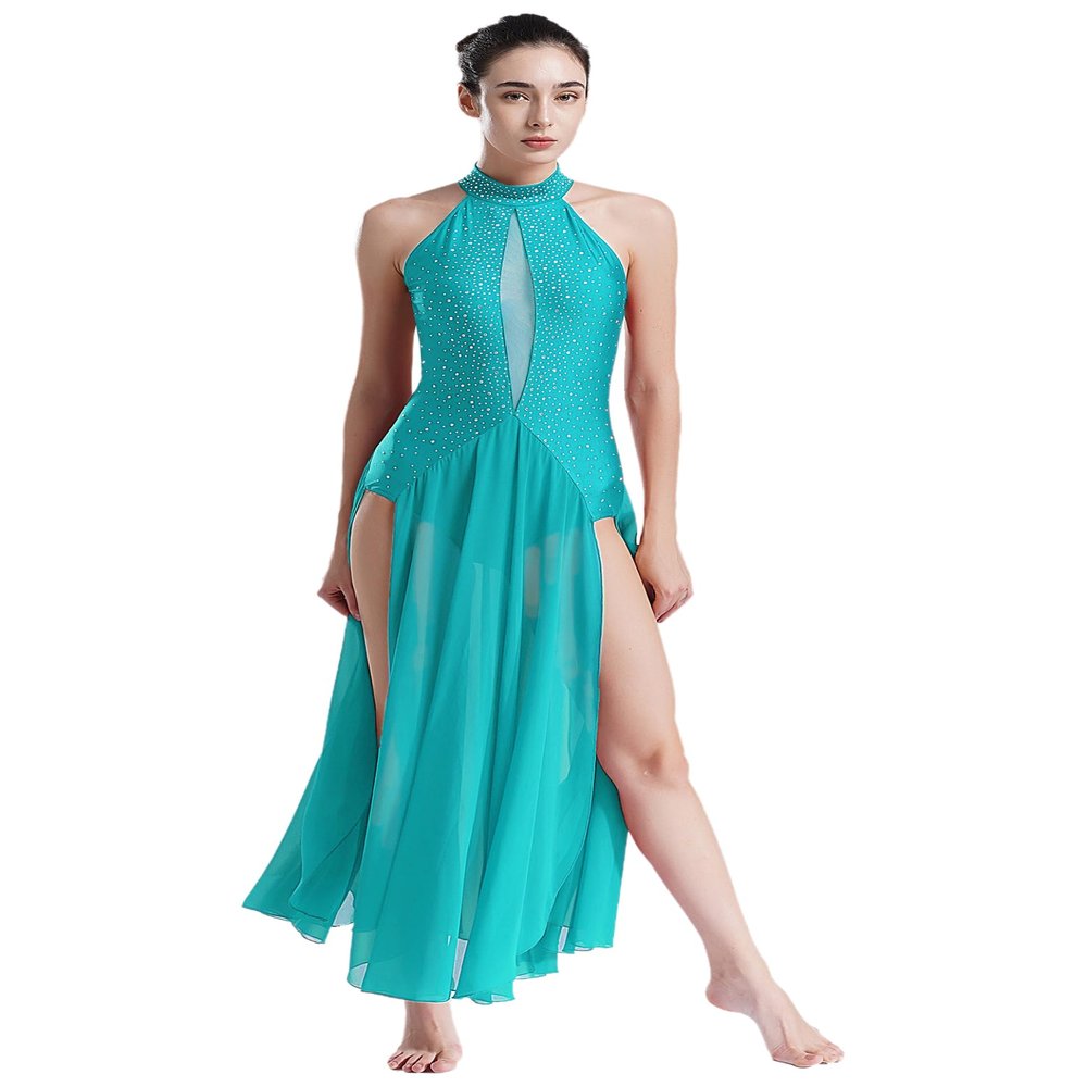 HULIJA Womens Long Lyrical Dance Dress Contemporary Dancewear Flowy Split Maxi Dresses Performance Costume Bluegreen Small
