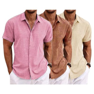 QOAAIE 3 Pack Men's Short Sleeve Linen Shirts Casual Button Down Collar Shirt Summer Beach Hawaiian Vacation Shirts (Pink2/Brown/Apricot,S)