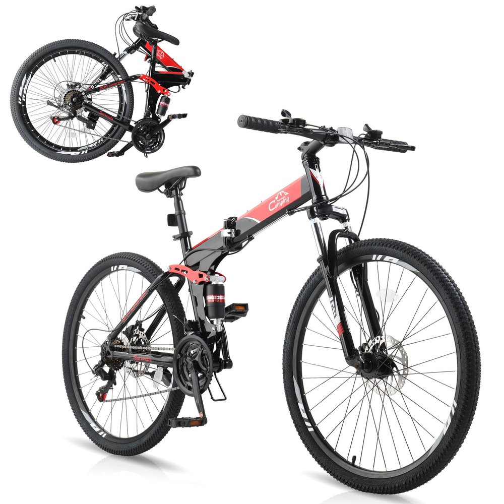 CamPingSurvivals 24/26/27.5 Inch Folding Bikes for Adults 21 Speed Mountain Bike, Adult Bicycle with High Carbon Steel Frame, Full Suspension, Dual Disc Brake and Adjustable Ergonomic Seat(26" Black)
