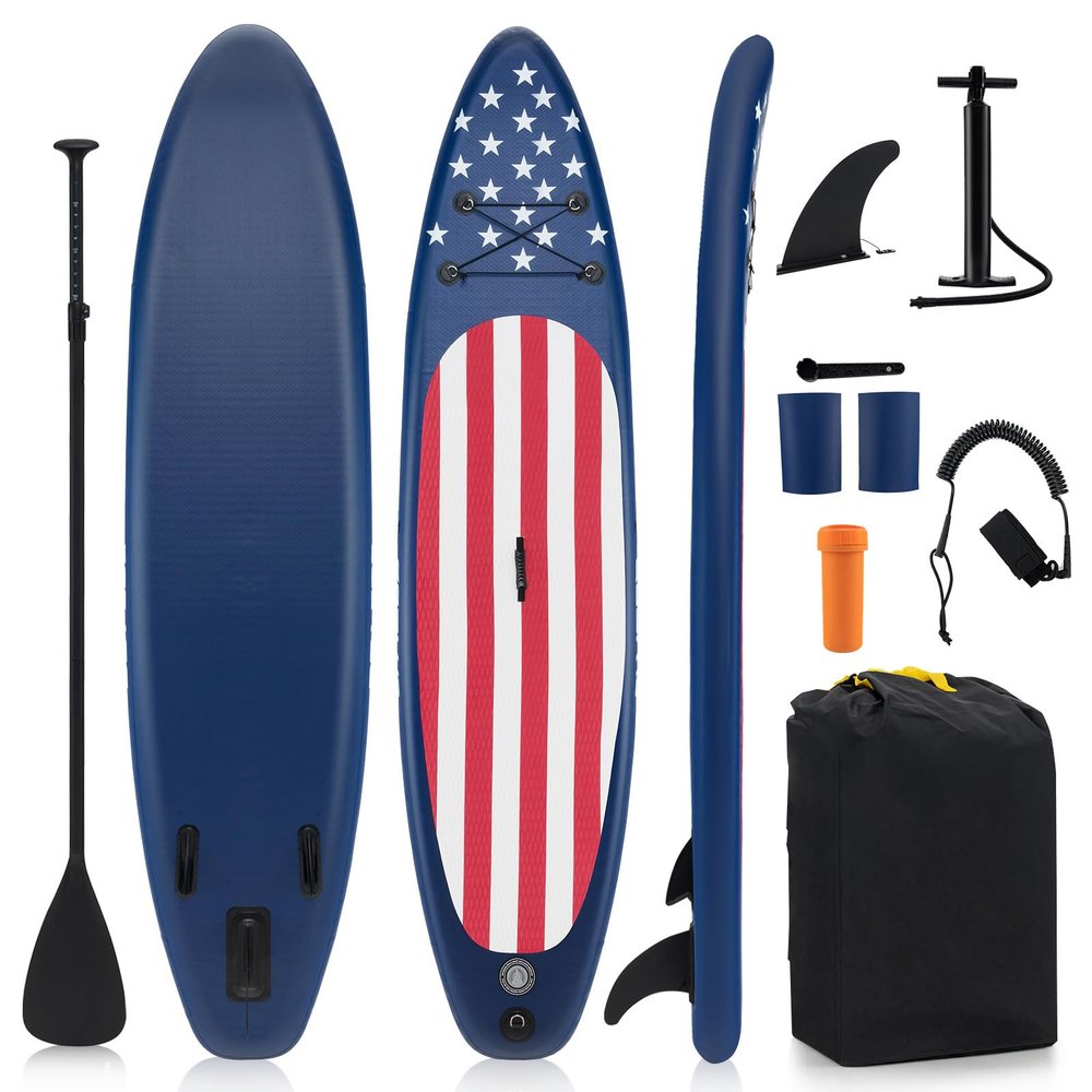 GYMAX Stand Up Paddle Board, Inflatable SUP with Wide Non-Slip EVA Deck, Accessories-Leash, D Rings, Hand Pump, Adjustable Paddle & Backpack, Paddle Boards for Adults Youth (Stars & Stripes Style B)