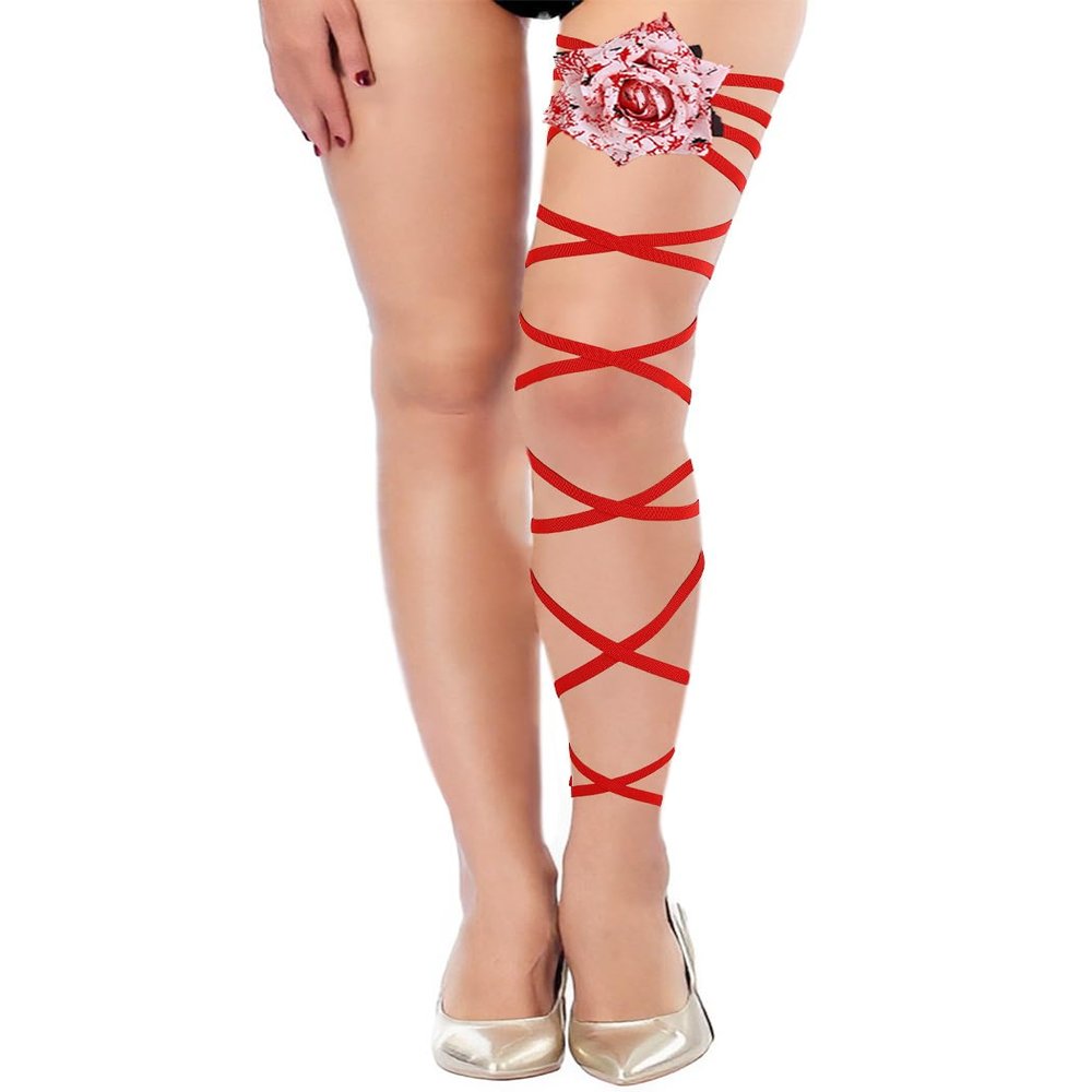 deladola Red Leg Wraps Rave Rose Leg Straps Elastic Garter Cross Bandage Festivals Costume for Women(Rose)