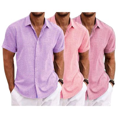 QOAAIE 3 Pack Men's Short Sleeve Linen Shirts Casual Button Down Collar Shirt Summer Beach Hawaiian Vacation Shirts (Purple/Pink/Pink2,XXL)