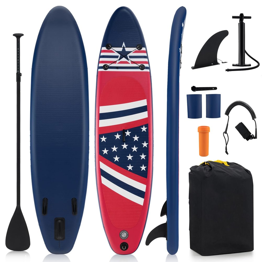 GYMAX Stand Up Paddle Board, Inflatable SUP with Wide Non-Slip EVA Deck, Accessories-Leash, D Rings, Hand Pump, Adjustable Paddle & Backpack, Paddle Boards for Adults Youth (Stars & Stripes Style A)