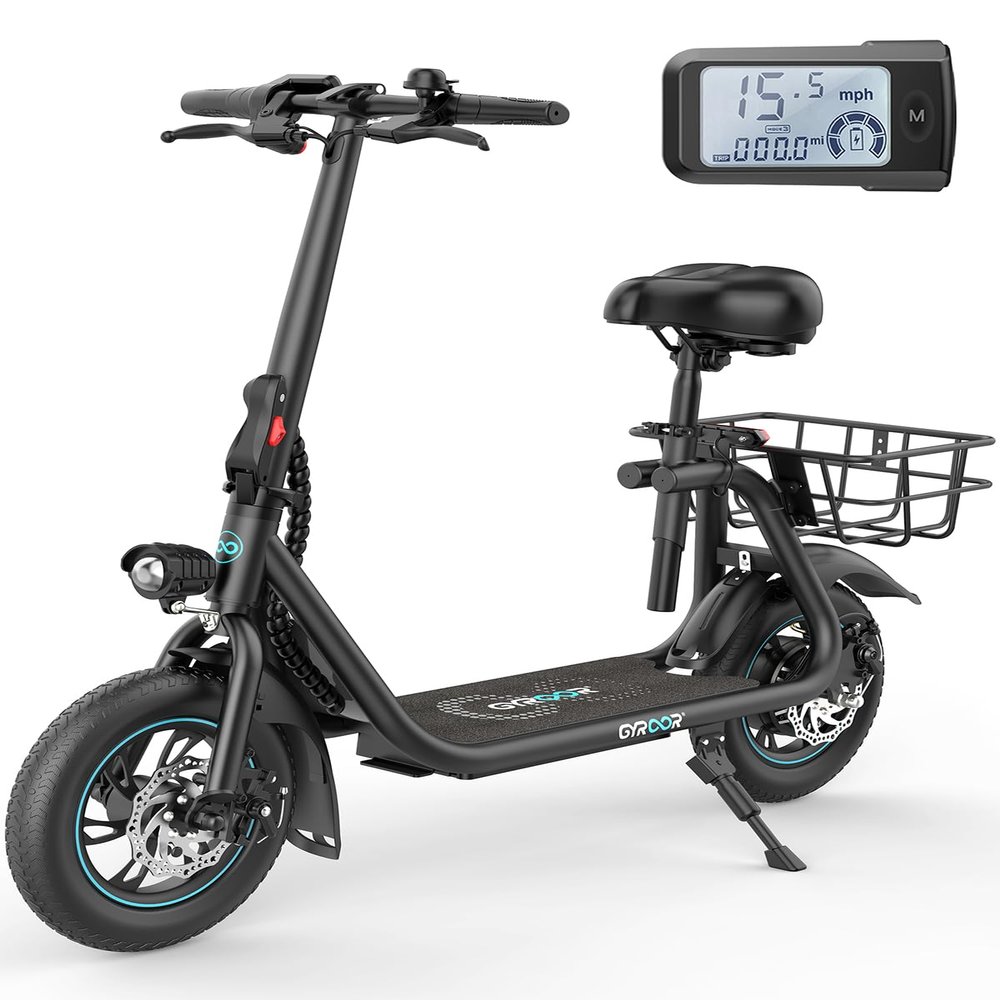 Gyroshoes C1 Electric Scooter with Seat and Basket, 300W High-Power Motor, 15.5 MPH Max Speed, Advanced Braking System, LCD Dashboard, Ideal for Adults, C1-G5G