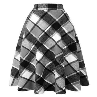 Women's High Waisted Midi Skirts Work Vintage Ladies Plaid A Line Pleated Skirt with Pockets Fall Winter Wool Dresses Gray White