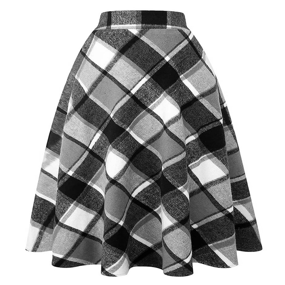 Women's High Waisted Midi Skirts Work Vintage Ladies Plaid A Line Pleated Skirt with Pockets Fall Winter Wool Dresses Gray White