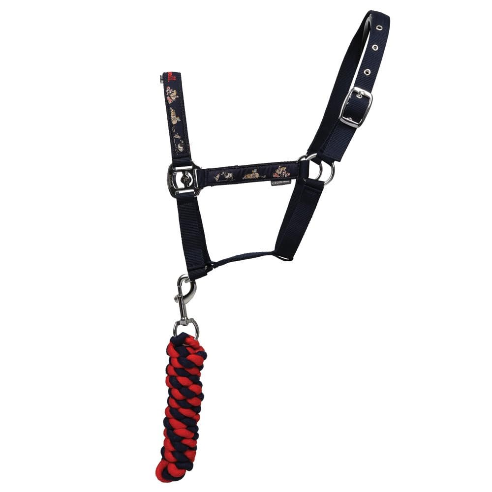 HY EQUESTRIAN Thelwell Collection Practice Makes Perfect Head Collar & Lead Rope, Navy/Red (Full)