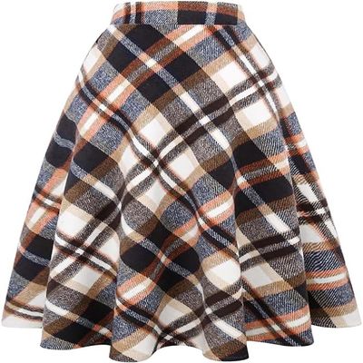 Women's Long Plaid Wool Skirt Fall Winter High Waist A-line Pleated Wool Tartan Skirts Brown White