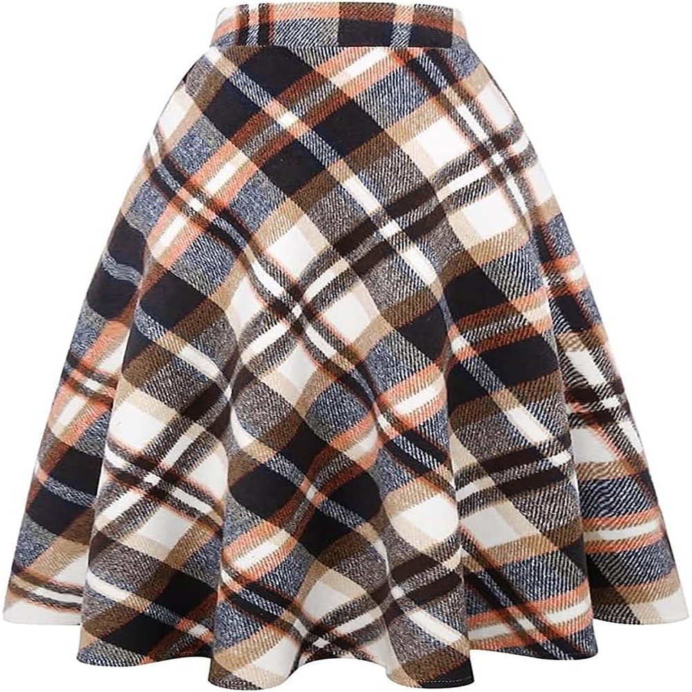 Women's Long Plaid Wool Skirt Fall Winter High Waist A-line Pleated Wool Tartan Skirts Brown White