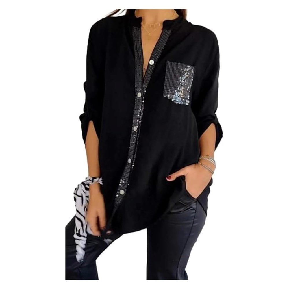 2024 Cotton V-Neck Sequin Mid-Sleeve Casual Top, Glitter Sequin Short Sleeve, Casual Tee Shirt Top, For Women(Black,Medium)