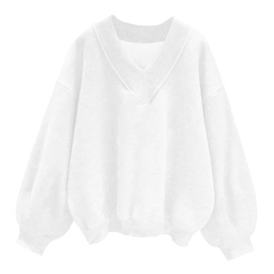 Oversized Sweatshirts for Women V Neck Long Sleeve Solid Color Fall Winter Pullover Top Casual Y2K Tops for Teen Girls White
