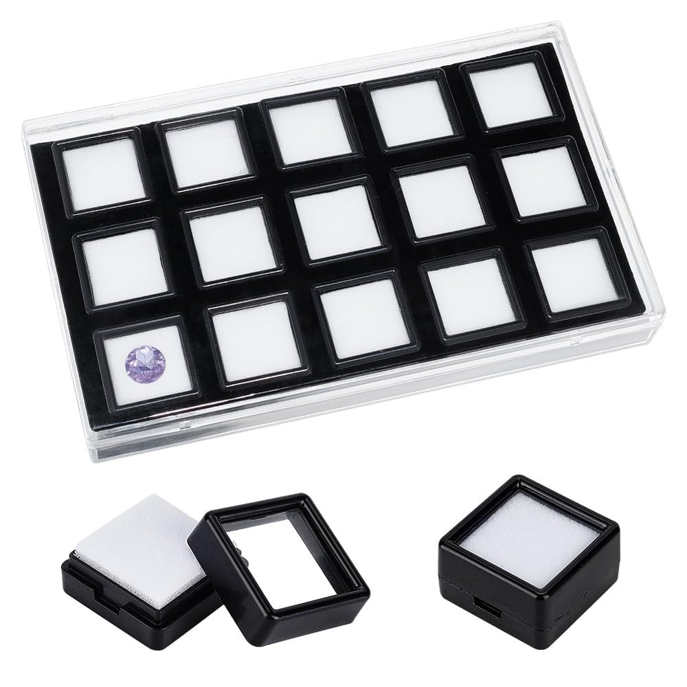 BENECREAT 15 Pack Gemstone Display Box, 1.1x1.1x0.65inch Black Diamond Display Case Jewelry Box Container with Clear Glass Window for Treat, Gems, Diamond