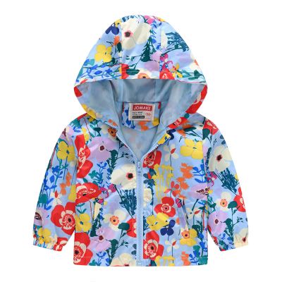 Toddler Girls Boys Flower Print Zip Hooded Jacket Kids Trench Rain Jacket Outerwear (Light Blue, 18-24 Months)