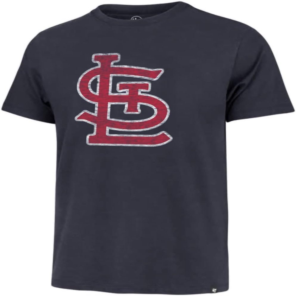 47 MLB Men's Distressed Imprint Match Team Color Primary Logo Word Mark T-Shirt (St Louis Cardinals Navy, Small)
