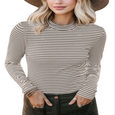 PrinStory Womens Tops Long Sleeve Shirts Slim Fit Business Dressy Casual Pullover Tee for 2025 Trendy Apricot Grey Stripe US L