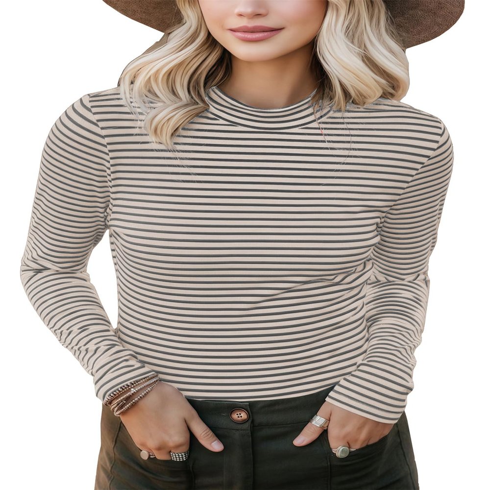 PrinStory Womens Tops Long Sleeve Shirts Slim Fit Business Dressy Casual Pullover Tee for 2025 Trendy Apricot Grey Stripe US L