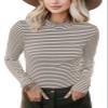 PrinStory Womens Tops Long Sleeve Shirts Slim Fit Business Dressy Casual Pullover Tee for 2025 Trendy Apricot Grey Stripe US L view 1