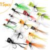 Ghanneey 15pcs Fly Fishing Poppers Fly Fishing Dry Flies Topwater Fishing Lures Bass Popper Flies Bugs Lures Panfish Bait Fly Trout Bobber Flies Kit for Bass Trout Panfish Bluegill Salmon view 2