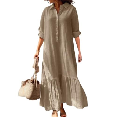 Akivide Women's Khaki Linen-Blend Long Sleeve Button-Down Maxi Dress, Collared Shirt Dress with Ruffled Hem, Loose Casual Spring Summer Long Dresses